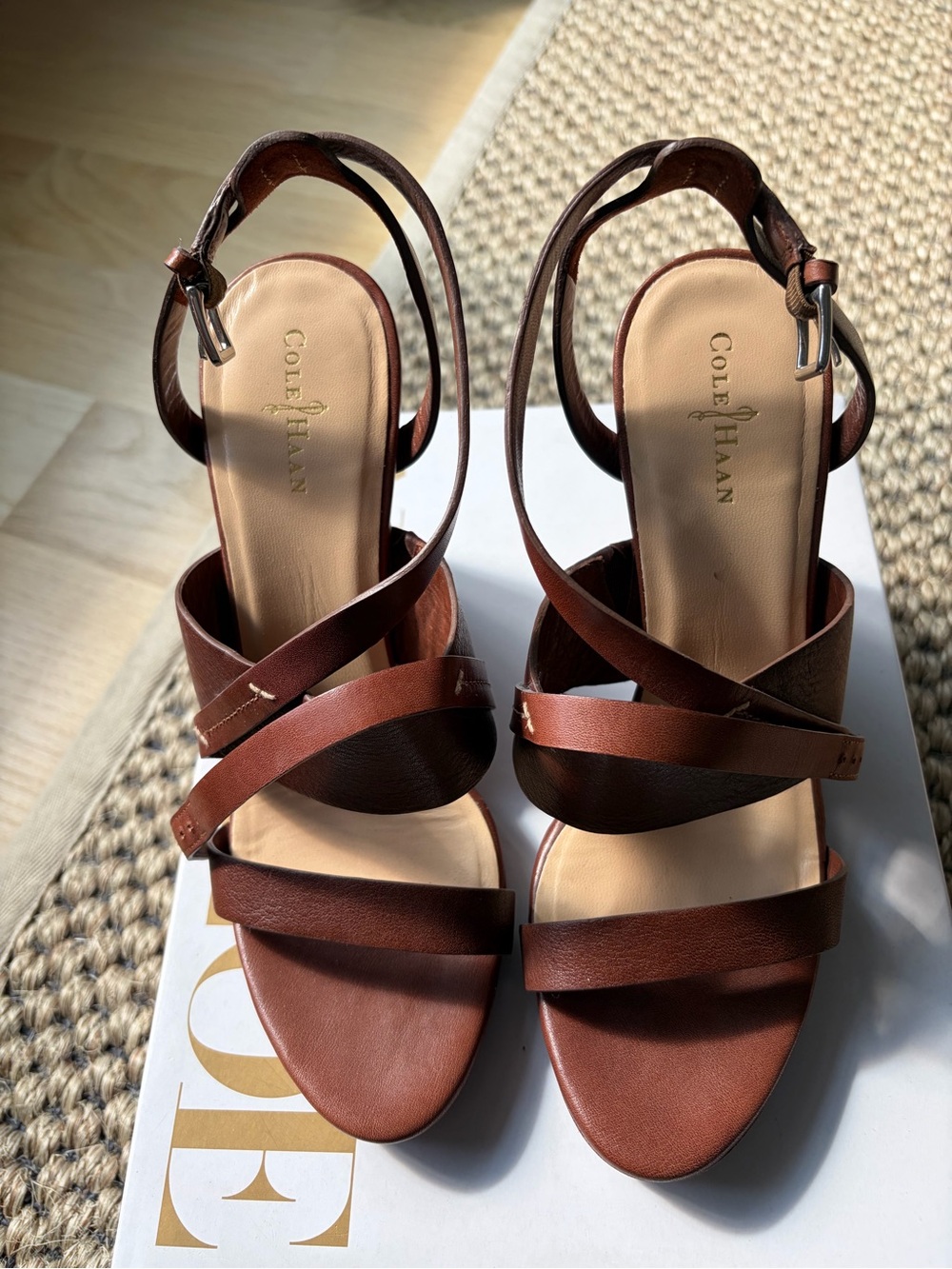 Cole Haan Brown Leather Strappy Ankle-Heel Sandals